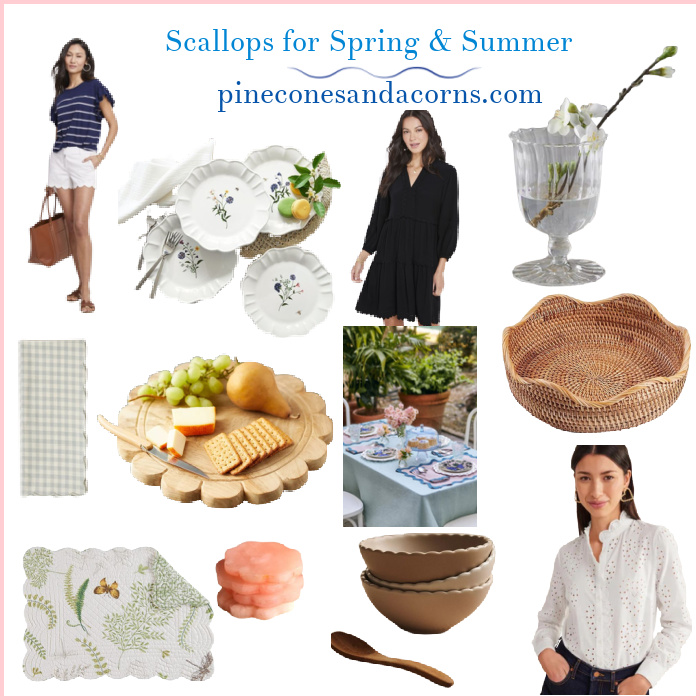 collage of scalloped clothes and items for the home.