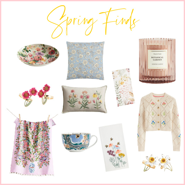 Spring Finds for the Home collage of pillows, tea towels, candles, etc for spring.