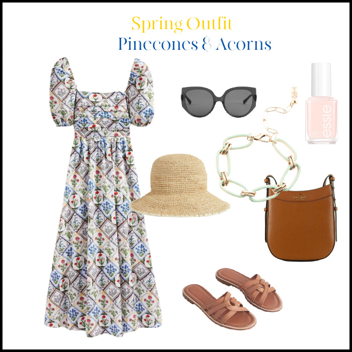 Spring Outfit with dress sandals straw hat sun glasses and pink nail polis. 