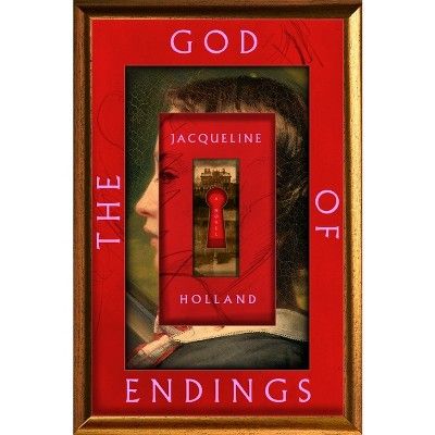 The God of Endings book cover with a woman portrait in the background covered by red rectangles and a key hole. 