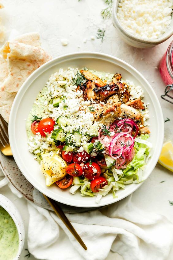 Greek-Inspired Chicken Bowls with Avocado Tzatziki.