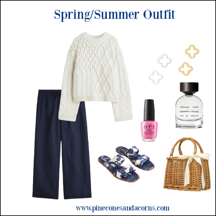 Outfit Collage Spring Summer Blue and White sweater, pants, sandals, straw bag, perfumer, nail polish and earrings.