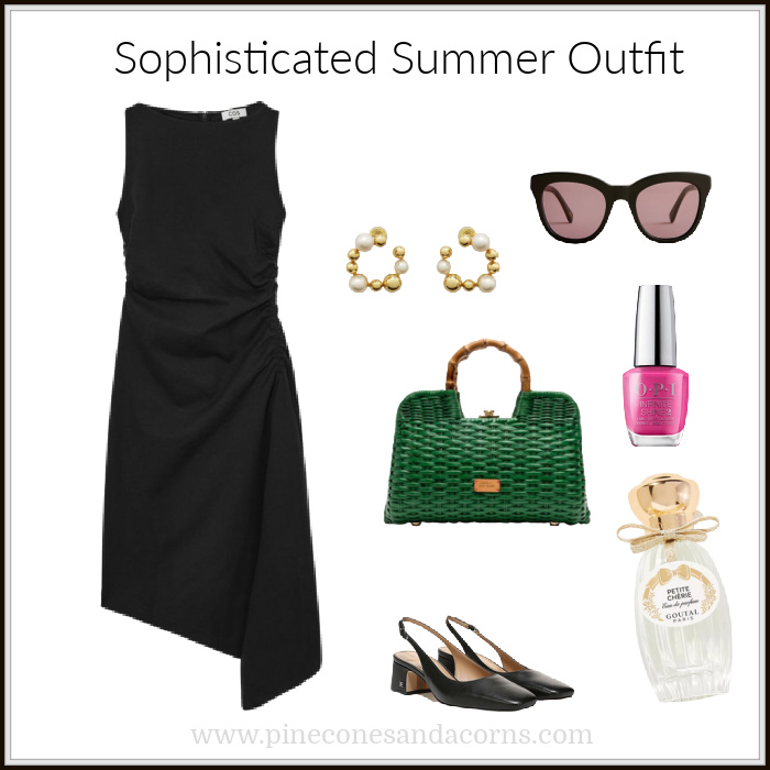a little black dress collage with green bag, pink nail polish, black sandals.
