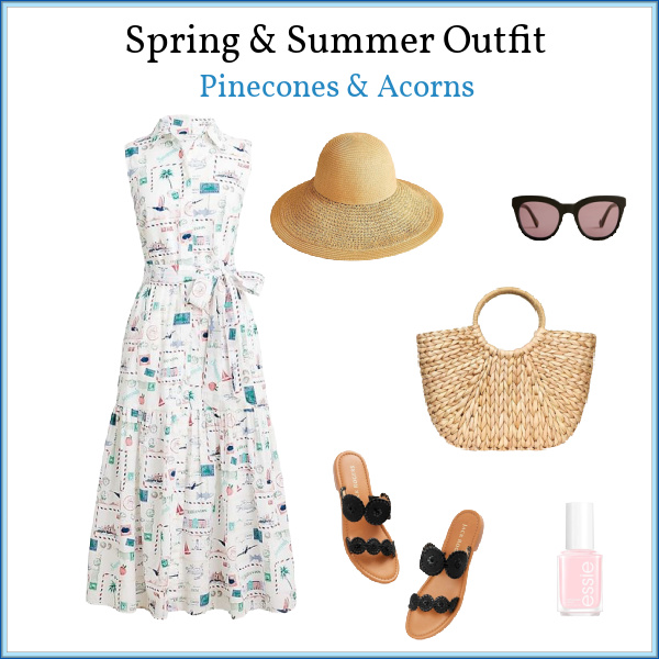 spring summer outfit collage with map print dress, shoes, hat, tote and sunglasses.