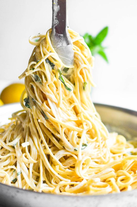 Lemon Basil Pasta being served in a bowl.