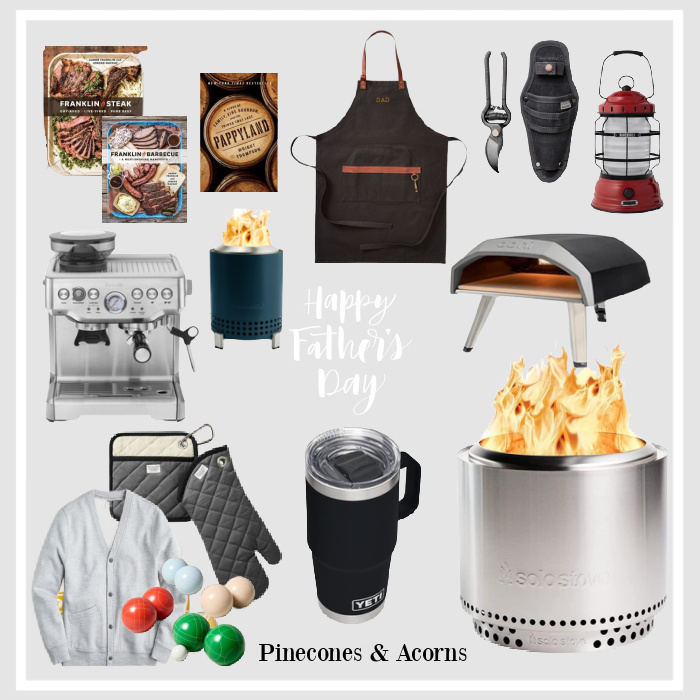 Fathers-day-gift-guide collage with a pizza oven, solo stove, yeti cup, apron, and cookbooks.
