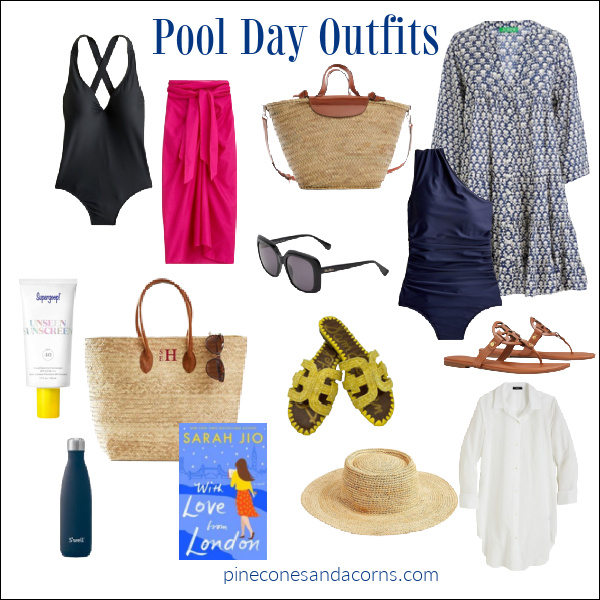 Pool Day outfits, swimsuits, sandals, totes, sunglasses, hats, water bottle and books.