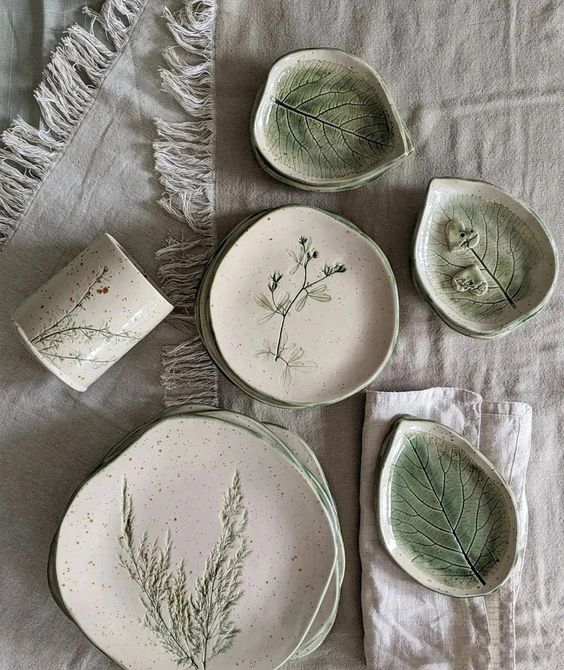 Handmade dinner plates, botanical print plates.