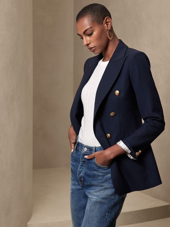 Blue blazer with white t-shirt and jeans. 