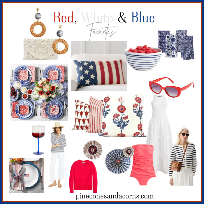 Red White and Blue 4th of July pieces for home and wardrobe collage. 
