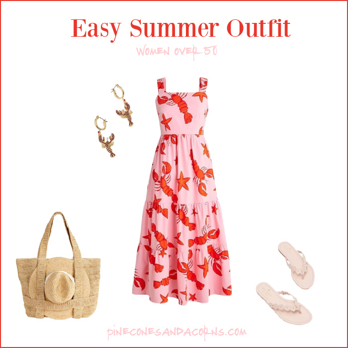 summer outfit women over 50 pinks and red lobster dress, earrings, wicker tote and hat and sandals.
