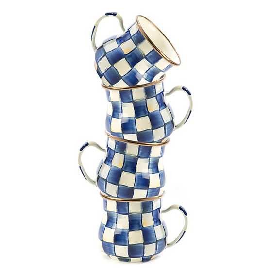 Blue and white check mugs in a stack. 