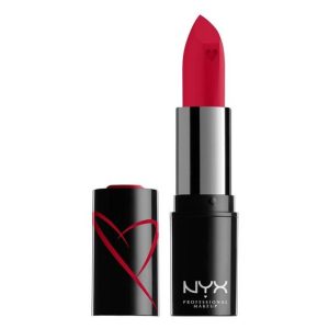 A black tube of red lipstick. 