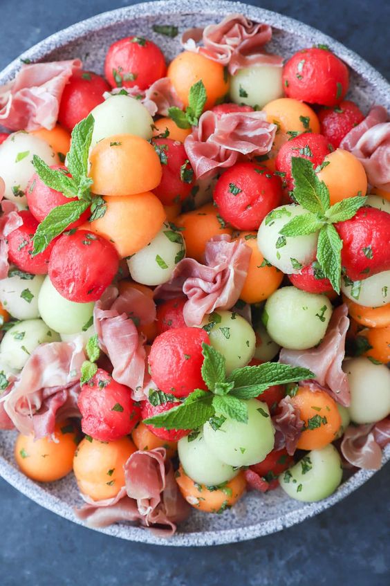 Mixed melon salad in a large bowl. 