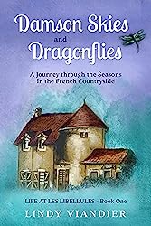 Damson Skies and Dragonflies book cover blue and purple with a brown chateau. 