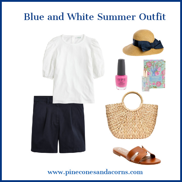 Blue & White Summer Outfit with blue shorts, white shirt, tan sandals, hat with blue ribbon, wicker bag and pink nail polish and Tokyo Milk Perfume.