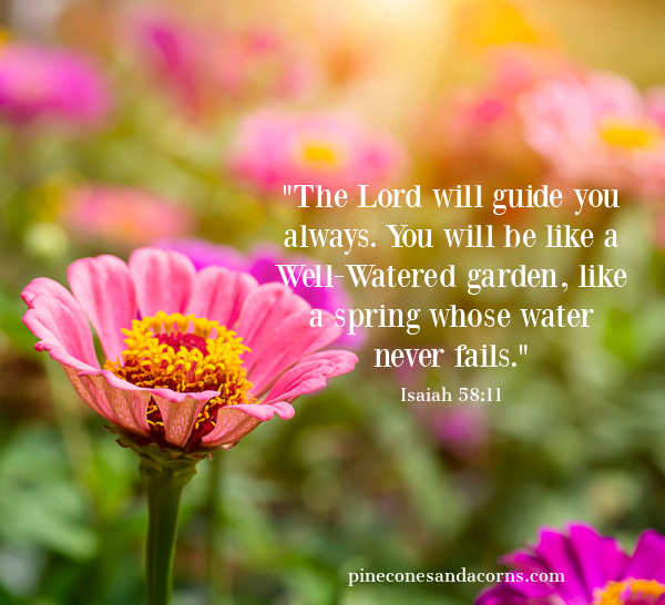 “The Lord will guide you always; you will be like a well-watered garden, like a spring whose water never fails" over lay on a field of zinnias.