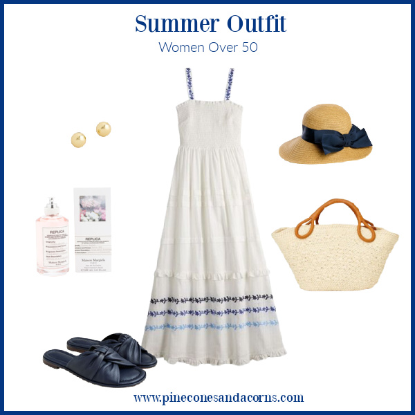 Blue and white dress collage with a straw bar with leather handle, a hat with a blue band, blue leather sandals, gold ball earrings and perfume. 
