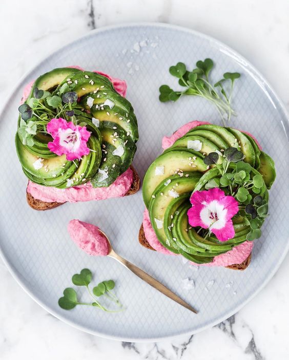 Avocado toast with pink hummus.