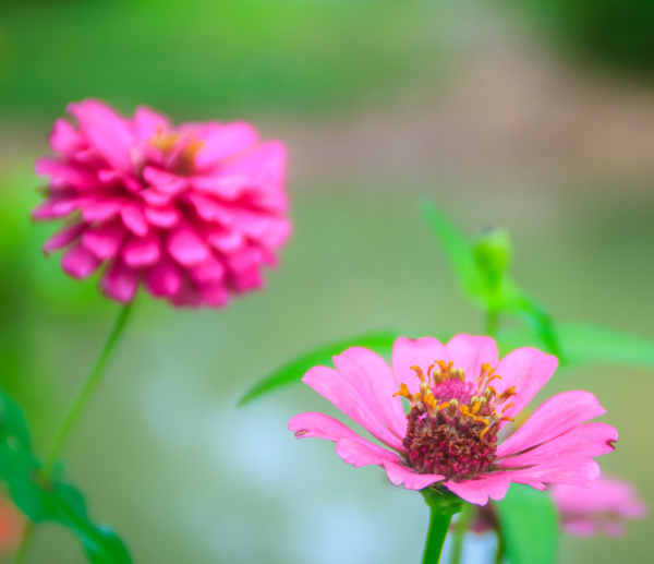 two fuchsia zinnia flowers.