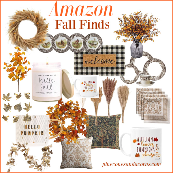 collage of fall finds including wreaths, pills, transfer ware, welcome mats and more.