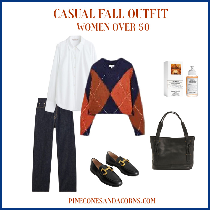 casual Fall outfit with a white shirt, jeans and a sweater as well as a black tote and shoes. 