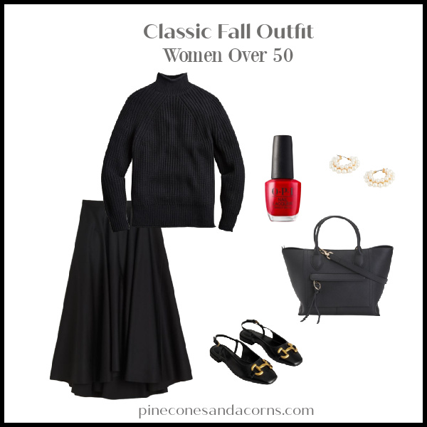 Classic black Fall outfit with skirt, turtleneck sweater, shoes, purse, pearl earrings and red nail polish. 