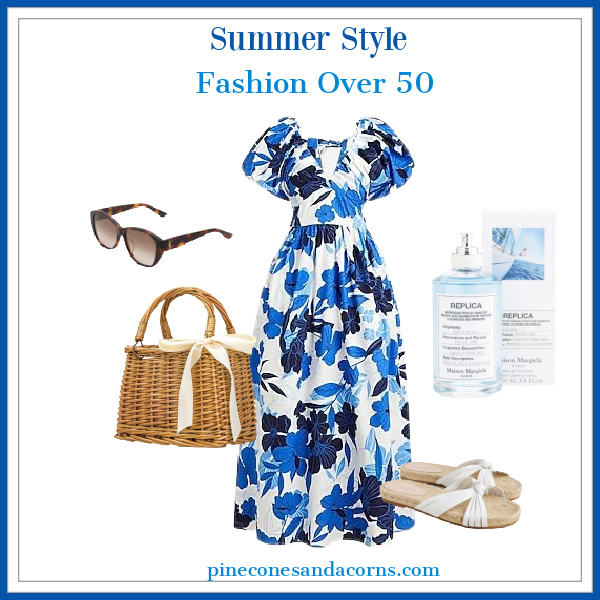 blue and white flower dress collage with white sandals, a wicker bag, sun glasses and perfume.