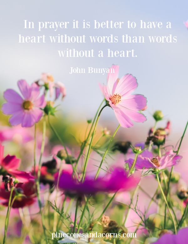 Quote In prayer it is better to have a heart without words than words without a heart overlay on a field of pink cosmos flowers.