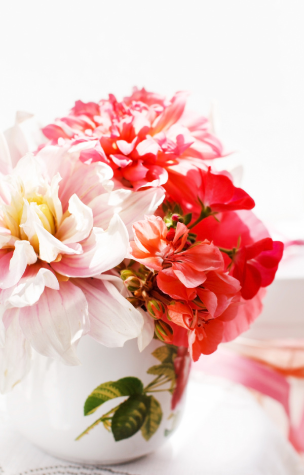 pink and red dahlias in a vase. 