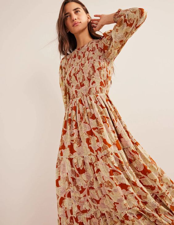 Metallic floral smocked dress for autumn. 
