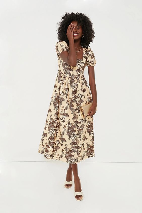 A brown and ivory toile dress.