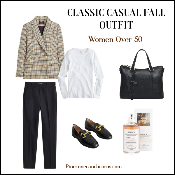 Fall outfit collage with blazer, black pants and a t-shirt , black shoes and bag and a bottle of perfume. 