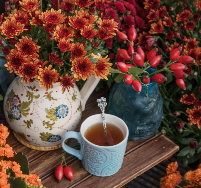 Fall flowers and a cup of tea,