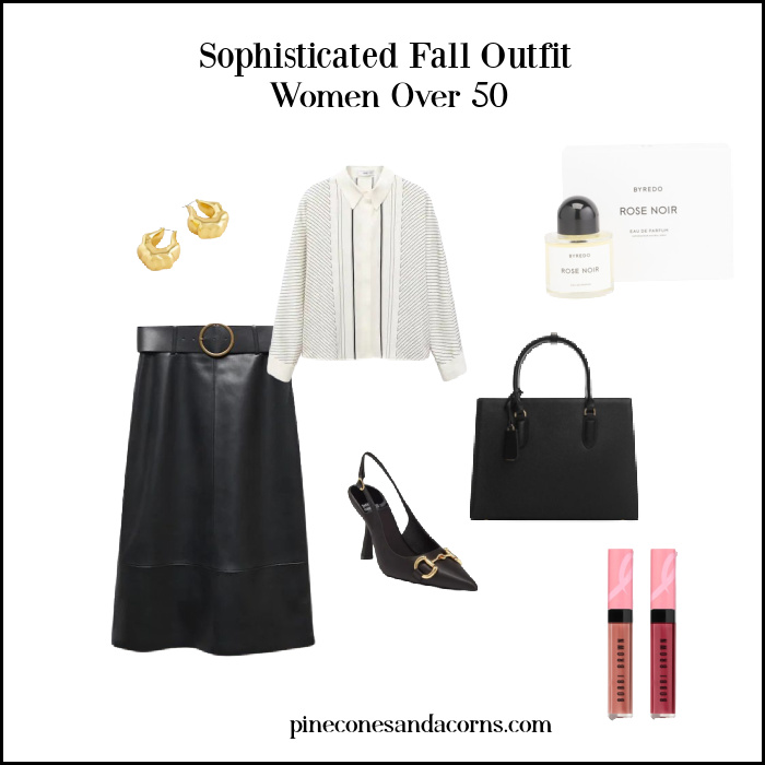 Sophisticated Fall Outfit Women over 50 Black Skirt and bag, earrings, sling back sandals and perfume. 