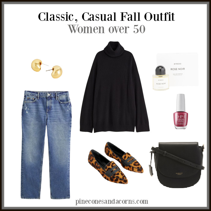 Women over 50 classic black cashmere sweater outfit