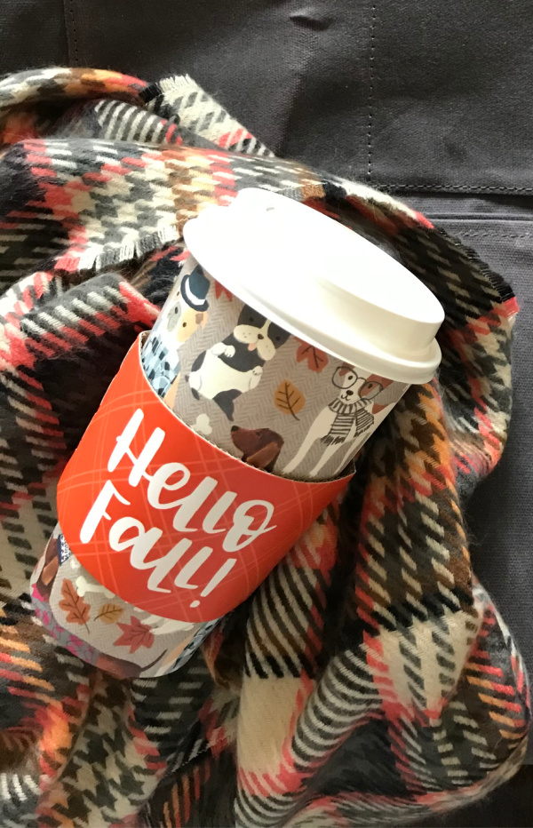 Hello Fall cup with dogs on it and plaid scarf.