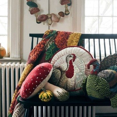 Turkey pillow, mushroom pillow and mushroom wreath.