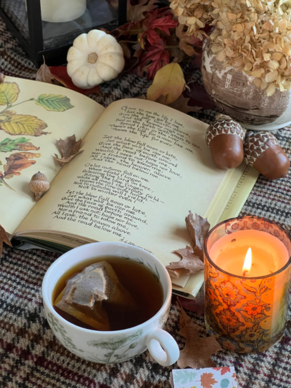 Cup of tea, candle and a book in the Fall.