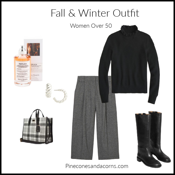 Fall & Winter Outfit Women over 50 with pants, black boots, sweater, plaid bag, silver earrings and perfume. 