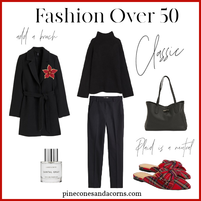 Black sweater, pants, bag and coat with a pair of plaid mules and a black bag. and bottle of perfume.