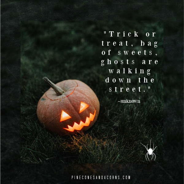 "Trick or treat, bag of sweets, ghosts are walking down the street."
