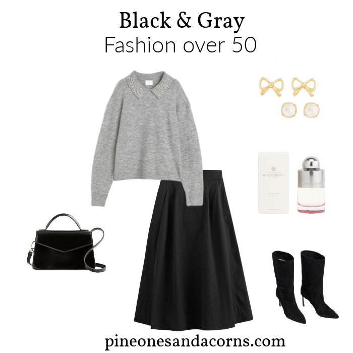 black skirt, purse, books with gray sweater, pearl earrings and perfume collage.