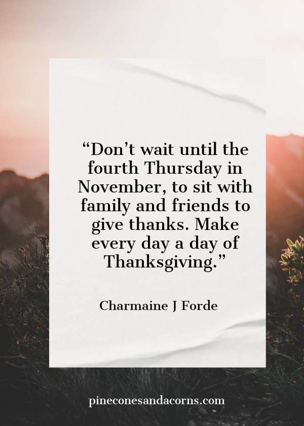 “Don’t wait until the fourth Thursday in November, to sit with family and friends to give thanks. Make every day a day of Thanksgiving.” – Charmaine J Forde