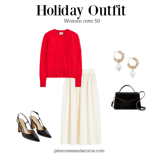 Women over 50 red and white skirt and sweater outfit.