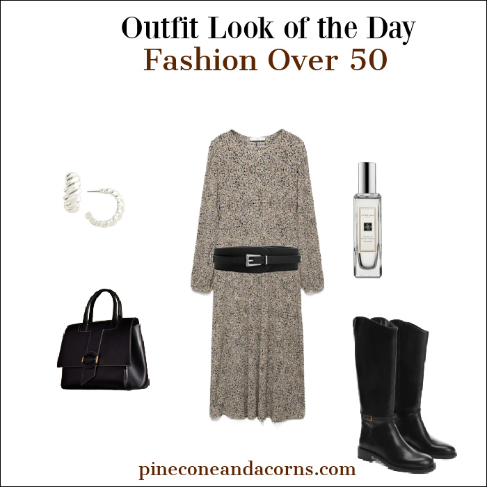 Dress with black boots, bag, silver earrings and a bottle of perfume.