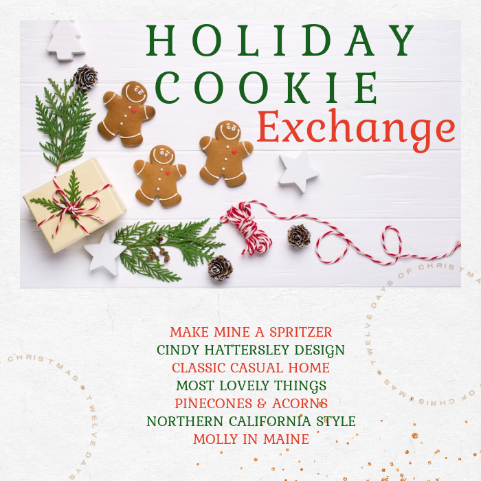 Holiday graphic for a cookie exchange with gingerbread men, ribbon, greens and brown paper packages. 
