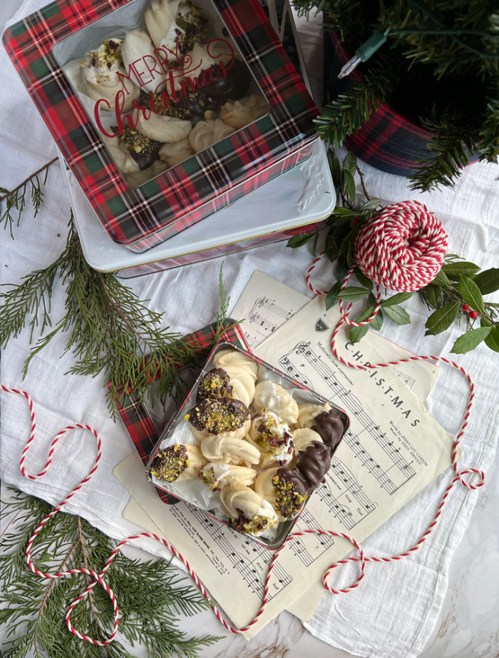 Chocolate Dipped Viennese Whirl Cookie Flatlay