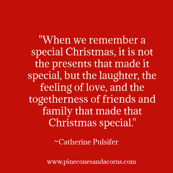 "When we remember a special Christmas, it is not the presents that made it special, but the laughter, the feeling of love, and the togetherness of friends and family that made that Christmas special." —Catherine Pulsifer