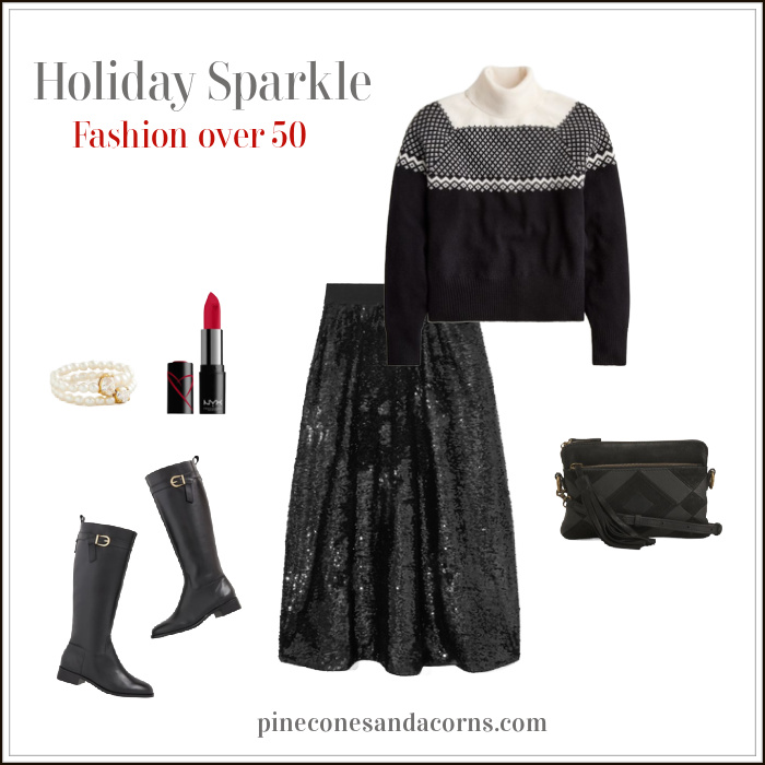 Fashion over 50 holiday sequin skirt fair isle sweater outfit with boots and bag, red lipstick and pearl bracelet.
